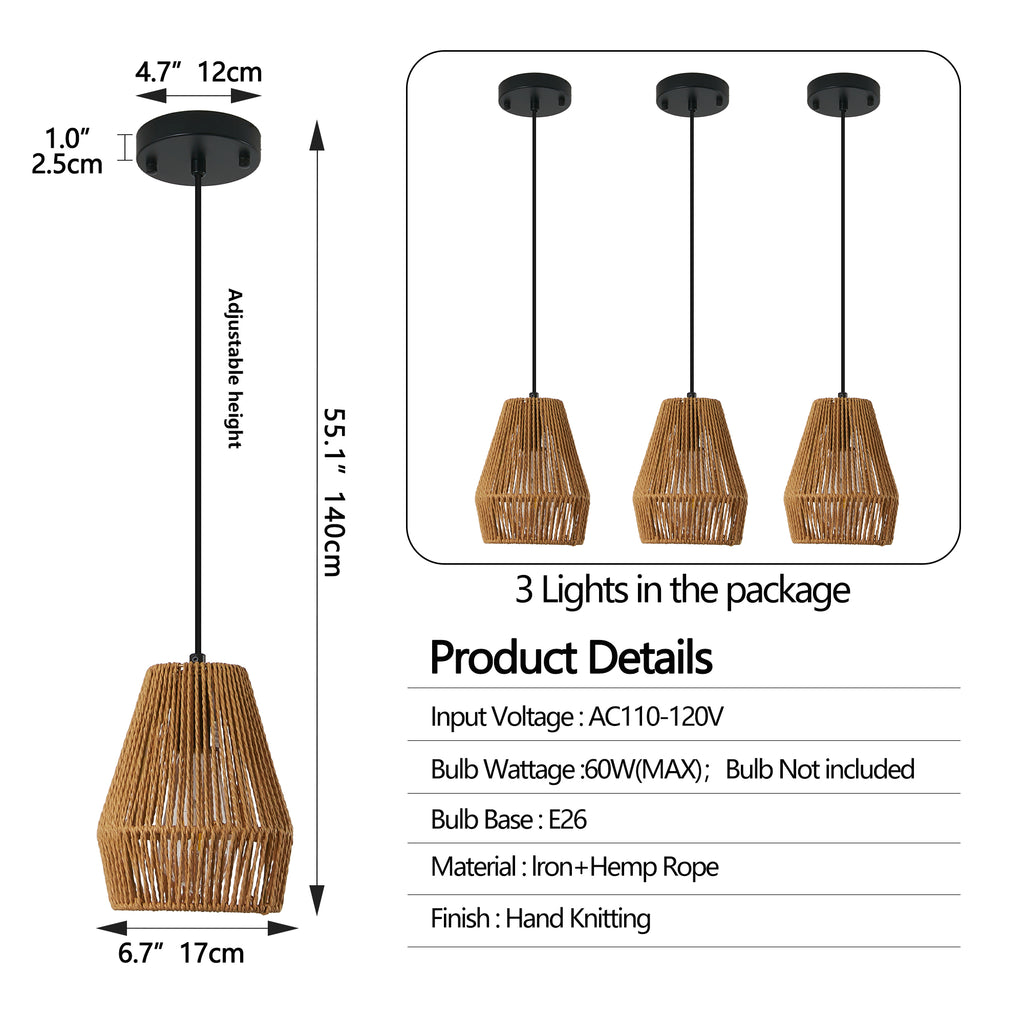 Set of 3 Handcrafted Hemp Rope Pendant Lights